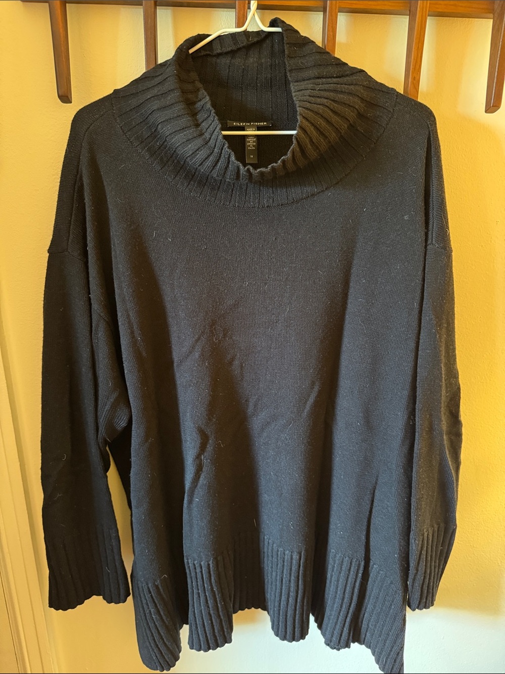 Eileen Fisher Black Ribbed Detail Turtleneck Sweater 100% Extra Fine Merino Wool